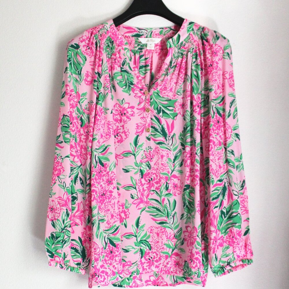 New Lilly Pulitzer Elsa Silk Top, Conch Shell Pink Koala La La, Size L